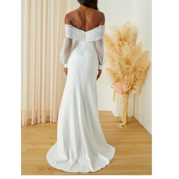 Blissfully Loved White Satin Organza Off-the-Shoulder Maxi Dress Medium NWOT - Picture 2 of 5